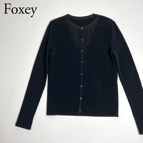 美品 FOXEY BOUTIQUEフォクシーブティックニットカーディガン 胸元レース 長袖 セータートップス 羽織 アウターレディース