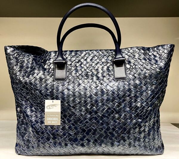 クロコダイル、ワニ革使いのメッシュ編みショルダートートバック、艶消しマットのネイビー 00448289