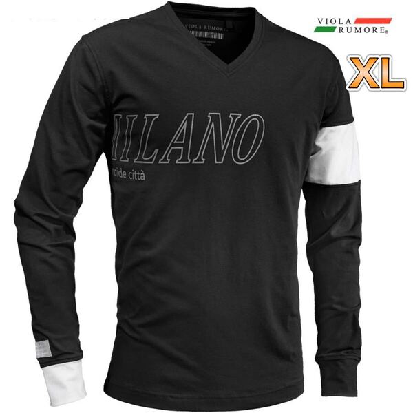 ヴィオラ 切替Vネック長袖Tシャツ ブラック XLサイズ 黒 ロンT プリントTシャツ バックプリント ロゴ VIOLArumore(ヴィオラルモーレ)