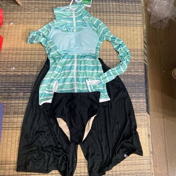 ベネトン BENETTON 正規品 ラッシュガードセット ライトグリーン エメラルド ボーダー ガウチョパンツ 大人スタイル フロントジップ 海