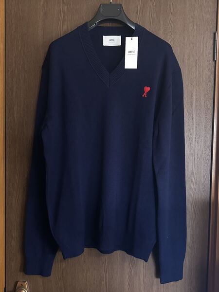 新品 AMI Paris グラフィック ウール V ニット セーター ダークネイビー エクストラファイン メリノ アミ パリス ami alexandre mattiussi