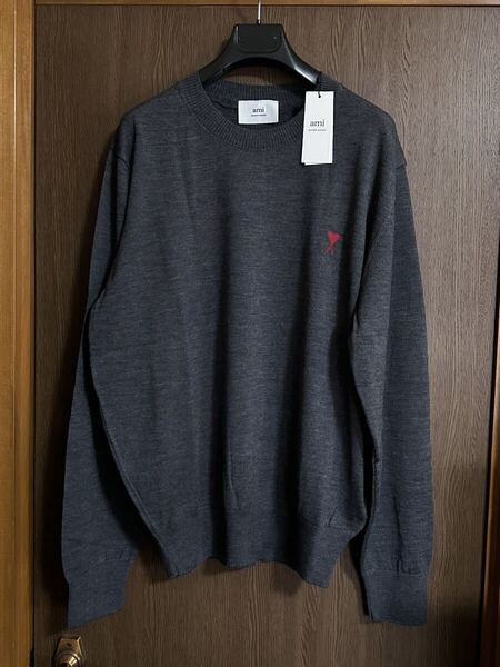 XXL新品 AMI Paris グラフィック ブランドロゴ ニット セーター ダークグレー 長袖 メリノウール アミ パリス ami alexandre mattiussi