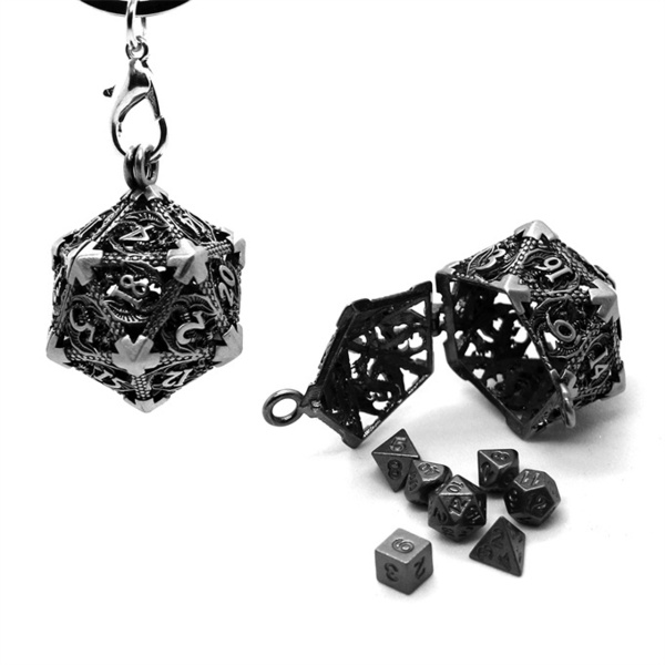 D20金属製中空ボックスダイスセット、ポータブルボードゲーム、ミニボディキット、7個