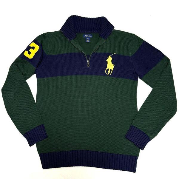 ポロ ラルフローレン Polo RALPH LAUREN ニット ハーフジップ ビッグポニー XL バイカラー緑 グリーン 青 ネイビー コットン