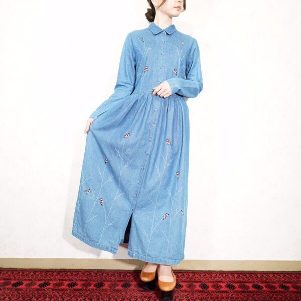 USA VINTAGE Citi-craze BIRD EMBROIDERY DESIGN DENIM LONG ONE PIECE/アメリカ古着鳥さん刺繍デザインデニムロングワンピース