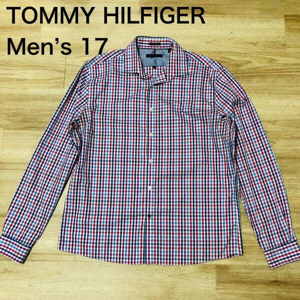 【送料無料】TOMMY HILFIGER長袖シャツ 青赤白チェック柄 メンズ17サイズ トミーヒルフィガー