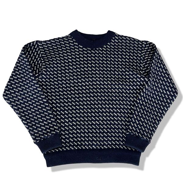 【ヴィンテージ】80s L.L.Bean(エルエルビーン) バーズアイニット セーター ネイビー/紺 M(実寸:L) クルーネック ヴィンテージニット