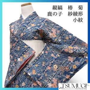 未着用 小紋 椿 菊 鹿の子 紗綾形 縦縞 ブルー 着物 092w d