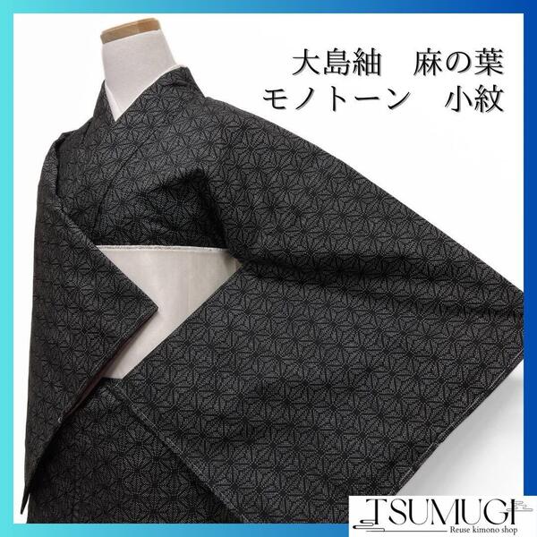 未着用 小紋 大島紬 麻の葉 モノトーン 縦縞 着物 085w d