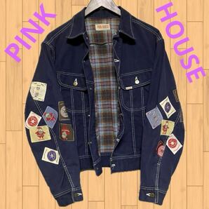 【ssh2200】ピンクハウス PINK HOUSE ワッペン ジャケット 紺 ネイビー ヴィンテージ チェック サンタ M~L