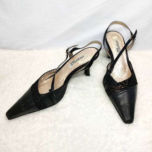 ★elegance卑弥呼★ 24.0cm パンプス エレガンスヒミコ レディース ブラック ストラップ ミュール フォーマル レース 日本製 M104