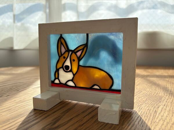 【送料無料】ステンドグラス・ミニパネル★手作り・ハンドメイド★スタンド付き★犬・イヌ・いぬ・ウェルシュ・コーギー