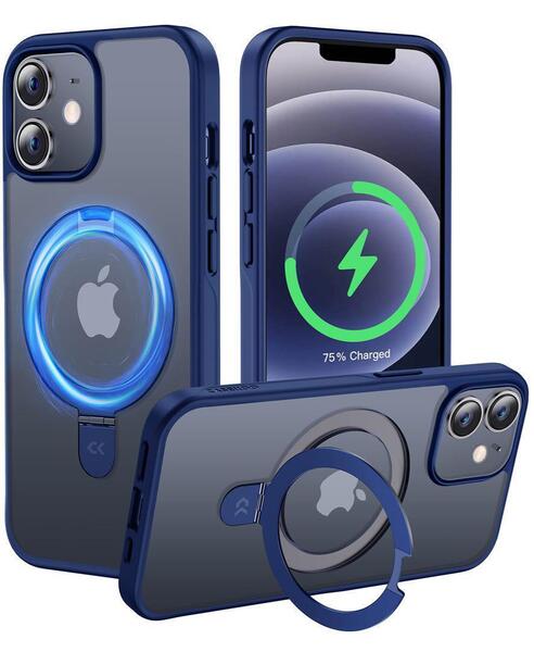 CASEKOO iPhone12 / 12Pro 用 ケース 隠し収納式 米軍MIL規格 耐衝撃 スマホケース 薄形半透明 マット仕上げ 指紋防止 ブルー