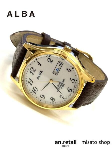 ★SEIKO★ ALBA 【アルバ ソーラー V158-0AX0】 メンズ レディース 腕時計 デイデイト 純正レザーベルト 稼働中