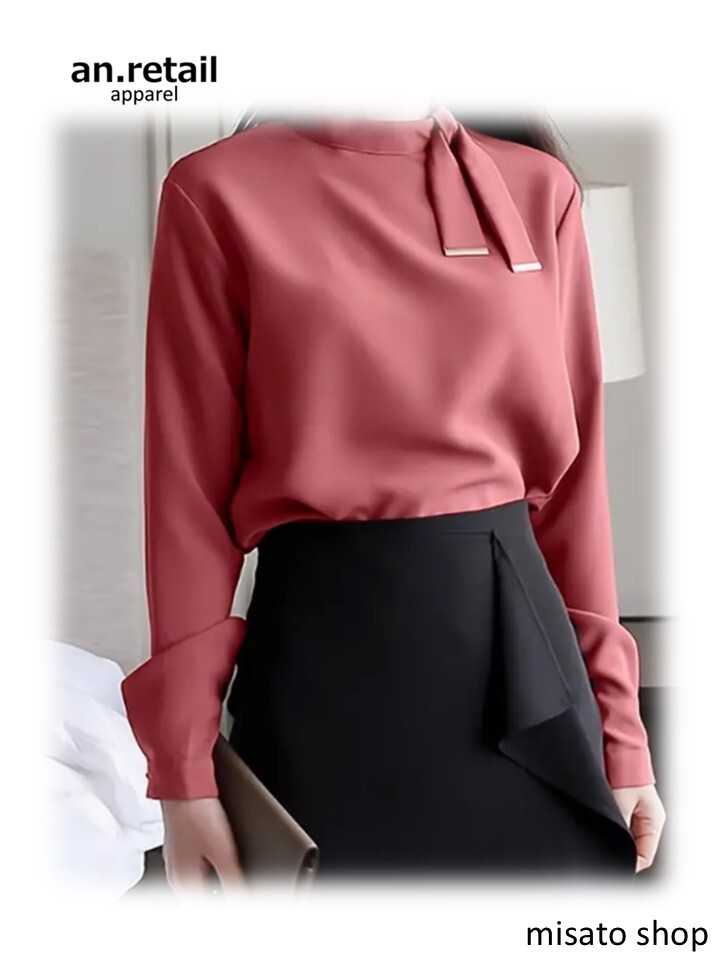 ★レディース ネックタイ付 長袖 ブラウス ピンク M