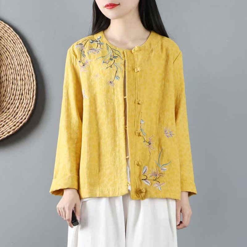 LRM4437★新品トップス　上着　長袖　素敵刺繍花柄　綿麻　肌触りいい