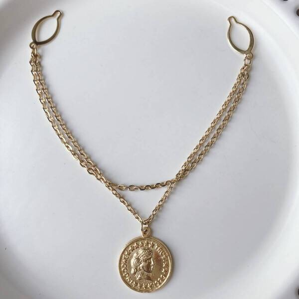 洋服付属アクセサリー ボタン ゴールドチェーン コイン ダブル☆Vintage jewelry accessories k0967