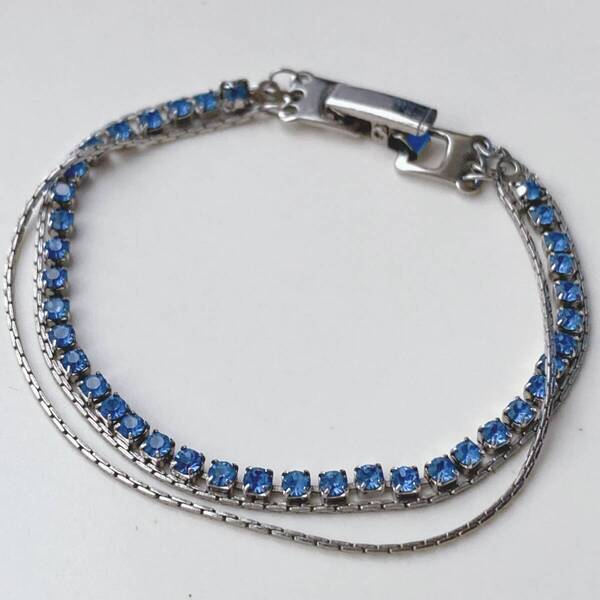 ブレスレット ラインストーン ブルー シルバーチェーン 3連 テニスブレスレット ☆Vintage jewelry accessories R0055