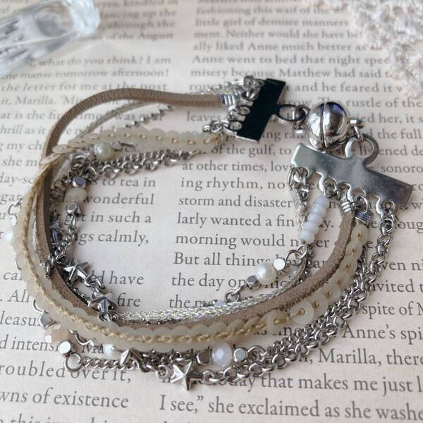 ブレスレット ミックスチェーン シルバー レザー パール ビーズ マグネット式☆Vintage jewelry accessories R0062