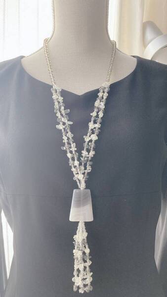 ロングネックレス 天然石 ロング 薄紫 グレー クリスタル☆Vintage jewelry accessories R0045