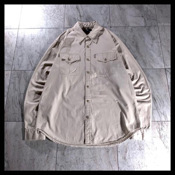 00s OLD GAP コットンツイル ワーク シャツ 長袖 無地 ベージュ M