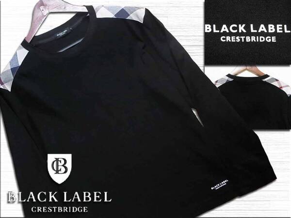 美品!CB肩チェック ブラック カットソー ブランドロゴ サイズM▼ブラックレーベルクレストブリッジ CRESTBRIDGE バーバリー