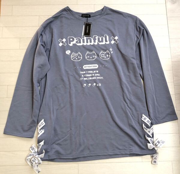 新品 レースアップ カットソー Mサイズ グレー 長袖 トップス 病み猫 病み系 天使界隈 サブカル ぬた。 雷系 メンヘラ 痛女 水色界隈