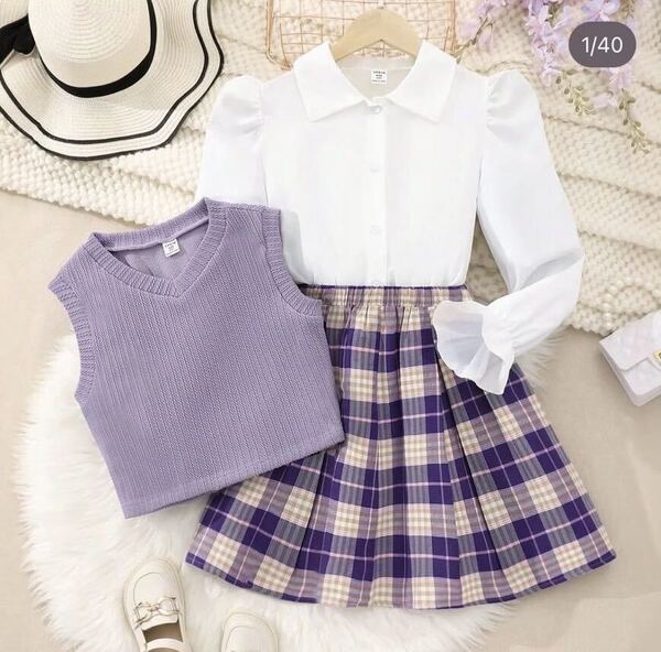 韓国っぽ制服 3点セット 130 140 女の子 チェックプリーツスカート ベスト ブラウス 長袖 ワイシャツ 紫 ダンス 衣装 学生服