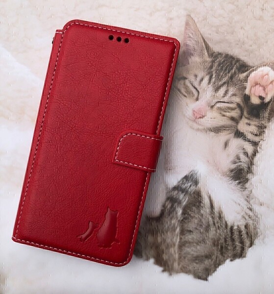iPhone 7/8/SE2/SE3 レッド 親子猫焼印!高級レザー手帳ケース