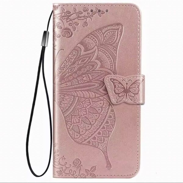 iPhone 13/14 ケース 手帳型 スマホケース カバー おしゃれ 上品 レザー調 蝶 バタフライ エレガント かわいい ローズゴールド