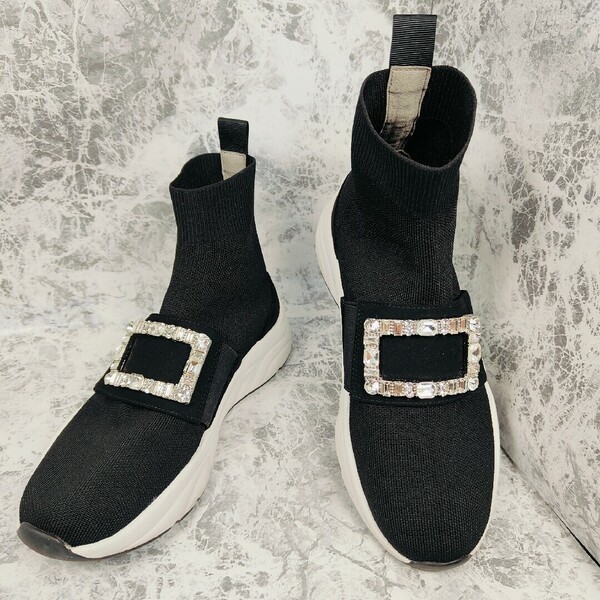【美品】+DIANA(23)スニーカー ソックス バックル ビジュー 黒 ブラック プラスダイアナ