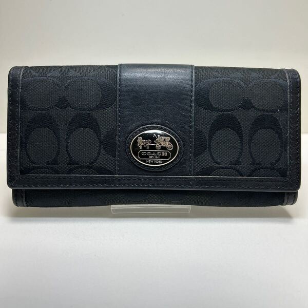 ◆COACH コーチ フラップ式 長財布◆ ホース キャリッジ シグネチャー キャンバス×レザー ロゴタグ付き ブラック 【USED】1017B