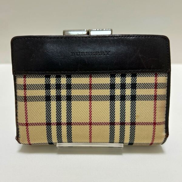 ◆BURBERRY バーバリー がま口 折り財布 ◆ ダークブラウン×ノバチェック キャンバス×レザー ヴィンテージ 【USED】1029