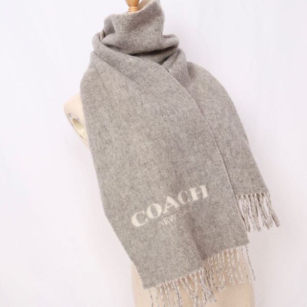 COACH カシミヤ混 バイカラー マフラー グレー ホワイト フリンジ ストール ショール