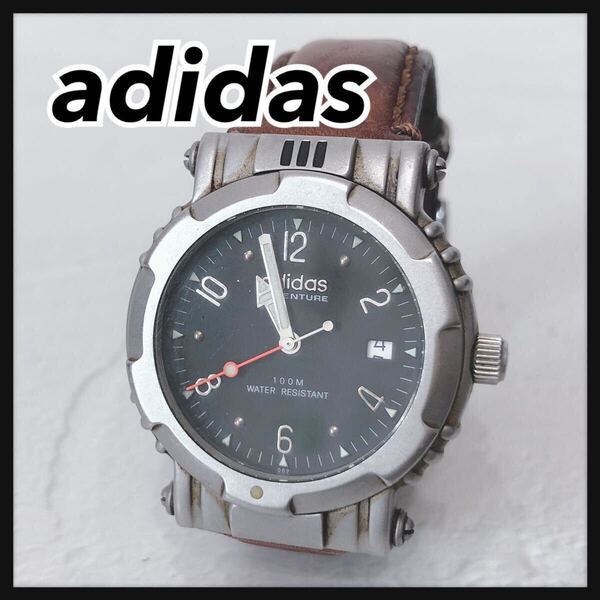 ☆adidas☆ アディダス 腕時計 時計 ウォッチ シルバー ブラウン レザーバンド 黒文字盤 日付 送料無料