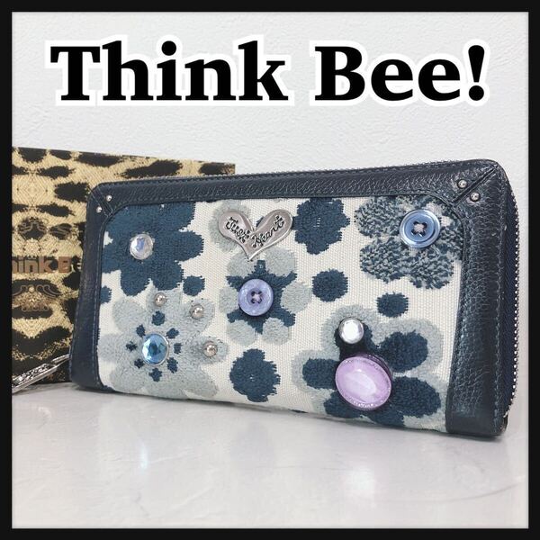 ☆ThinkBee!☆ シンクビー! ジャストハート 長財布 財布 ウォレット ブルー ホワイト キャンバス ラインストーン ボタン 収納箱 送料無料