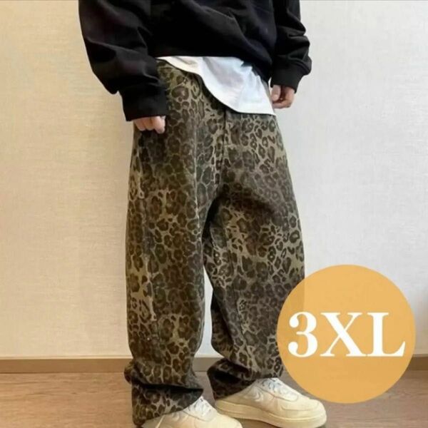 メンズ ヒョウ柄パンツ デニムパンツ ヒョウ柄 カジュアル レトロ ストリート 太ズボン ワイドパンツ カモフラ柄 迷彩 大きめ