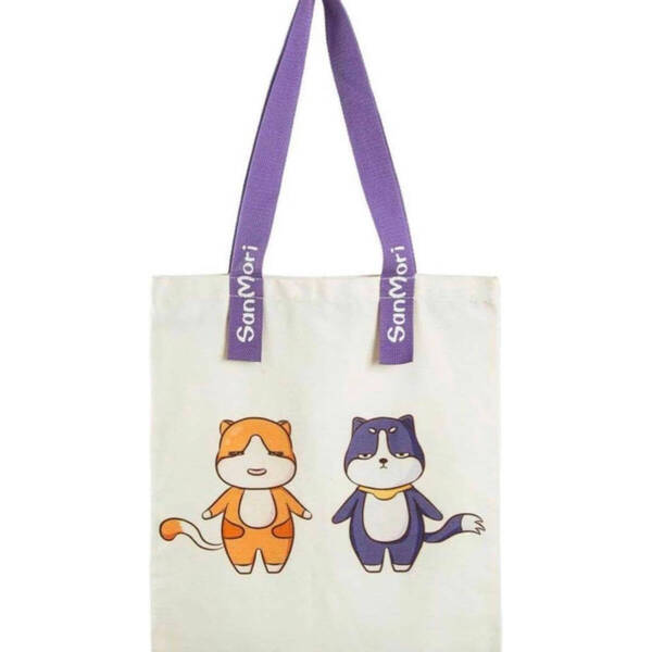 ●ハンドバッグ ショッピングバッグ トートバッグ ショルダーバッグ 旅行 猫 可愛い パープル 35 cm×40 cm 白