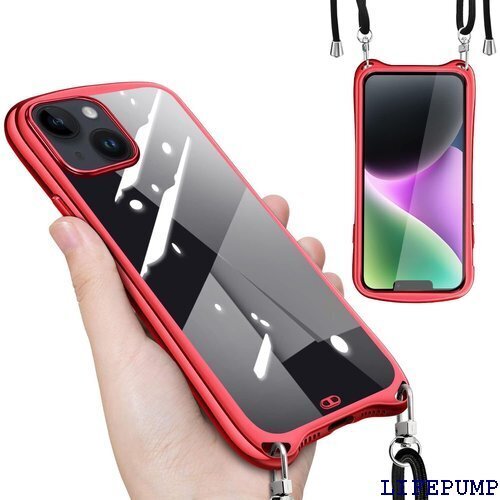 iPhone 14 用 ケース iphone13 用 面保護 薄型 韓国 可愛い 縄掛け スマホケース レッド 1341