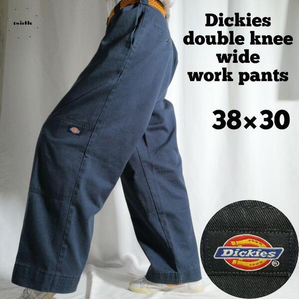 00s Dickies ディッキーズ ダブルニー ワークパンツ 極太 バギー ワイドパンツ W38 L30 ネイビー 紺色 メンズ 古着 3504
