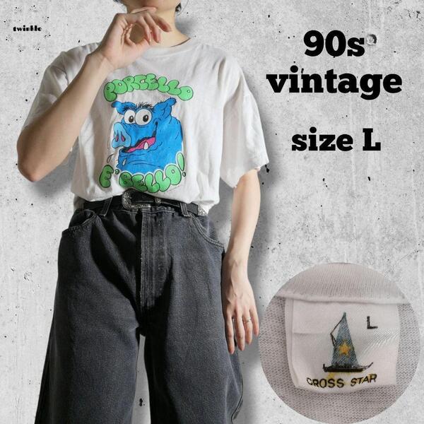 90s ヴィンテージ アニマルTシャツ シングルステッチ アニマルプリント 動物 豚 ブタ PIG vintage ホワイト 白T 1611