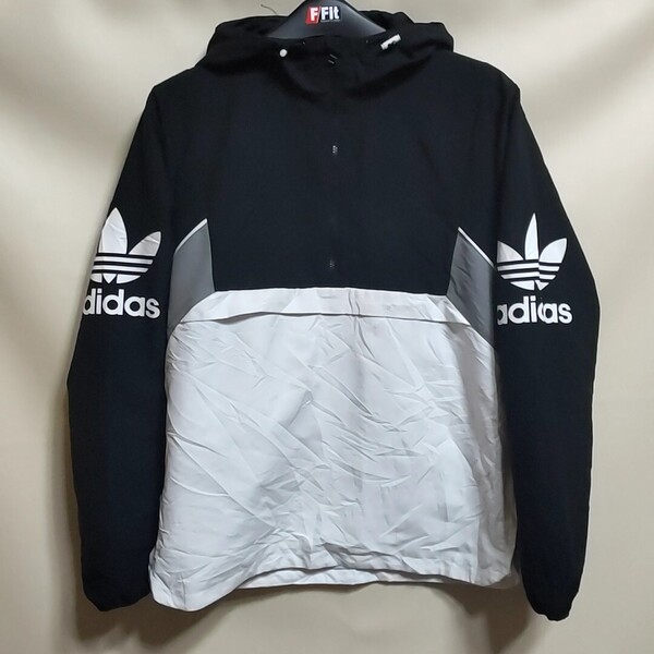 D3 adidas 黒色 白色 M アディダス プルオーバー ナイロン ジャケット パーカー ウインドブレーカー ビンテージ アメリカ USA 古着 メンズ