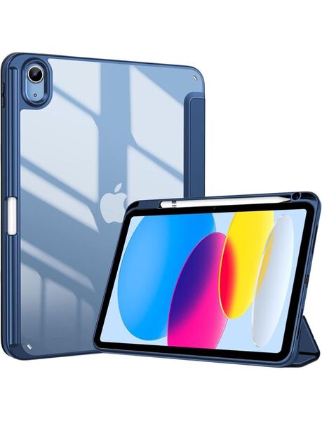 iPad 10世代 ケース 2022 10.9インチ A2696 A2757 A2777 ペン収納 耐衝撃 三つ折り スタンド スマートカバー(ネイビー)