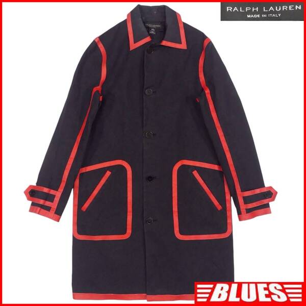 即決★イタリア製 RALPH LAUREN★メンズ S ステンカラーコート ラルフローレン レザーコンビ 羊革 紺 ネイビー ジャケット ロングコート