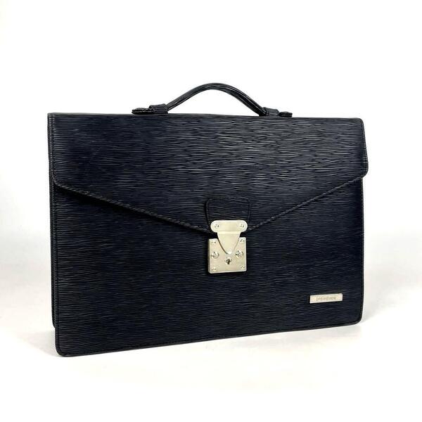【美品】Yves Saint Laurent イヴサンローラン ハンドバッグ ロゴプレート シルバー金具 ビジネスバッグ エピ レザー 黒 ブラック 男女兼用