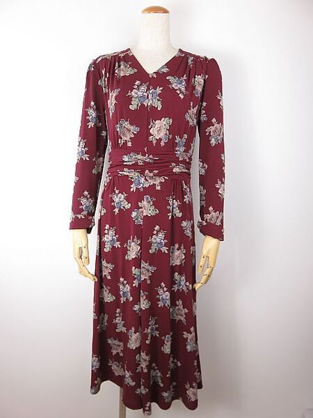 【送料無料】ローラアシュレイ LAURA ASHLEY とろみ ロング長袖ワンピース 花柄 エンジ 38/M