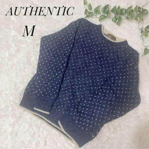 AUTHENTIC オーセンティック【M】レディース トップス デザインニット 長袖 セーター ブルー 青 ウール85% ナイロン15%