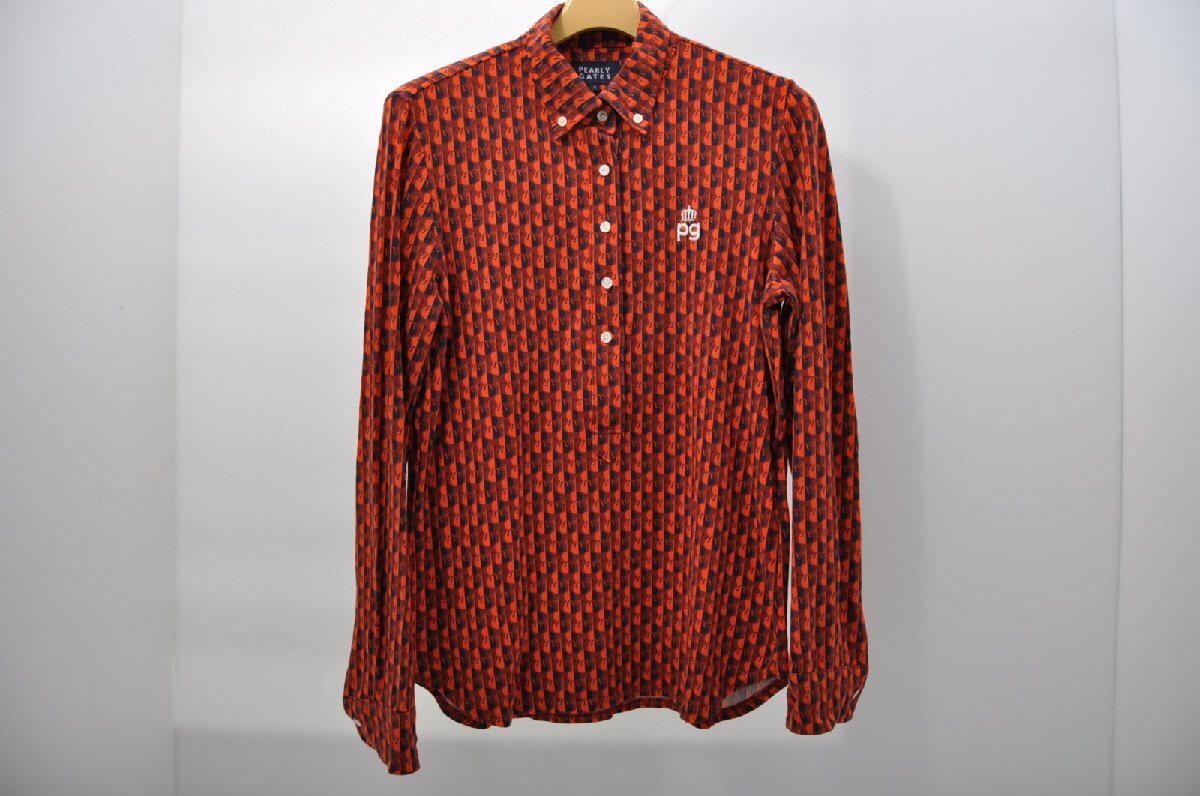 coco 中古 パーリーゲイツ レディース 長袖ポロシャツ 1(M) オレンジ×紺×茶 ボタンダウン バイオリン レターパックプラス発送可 82233