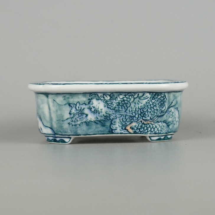 盆栽鉢 落款あり 小型 長辺 約10.3cm 長方鉢 龍 波 リュウ