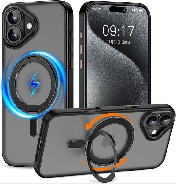 iPhone 16 専用(6.1インチ) カバー 360°回転スタンド ワイヤレス充電対応 (半透明ブラック)